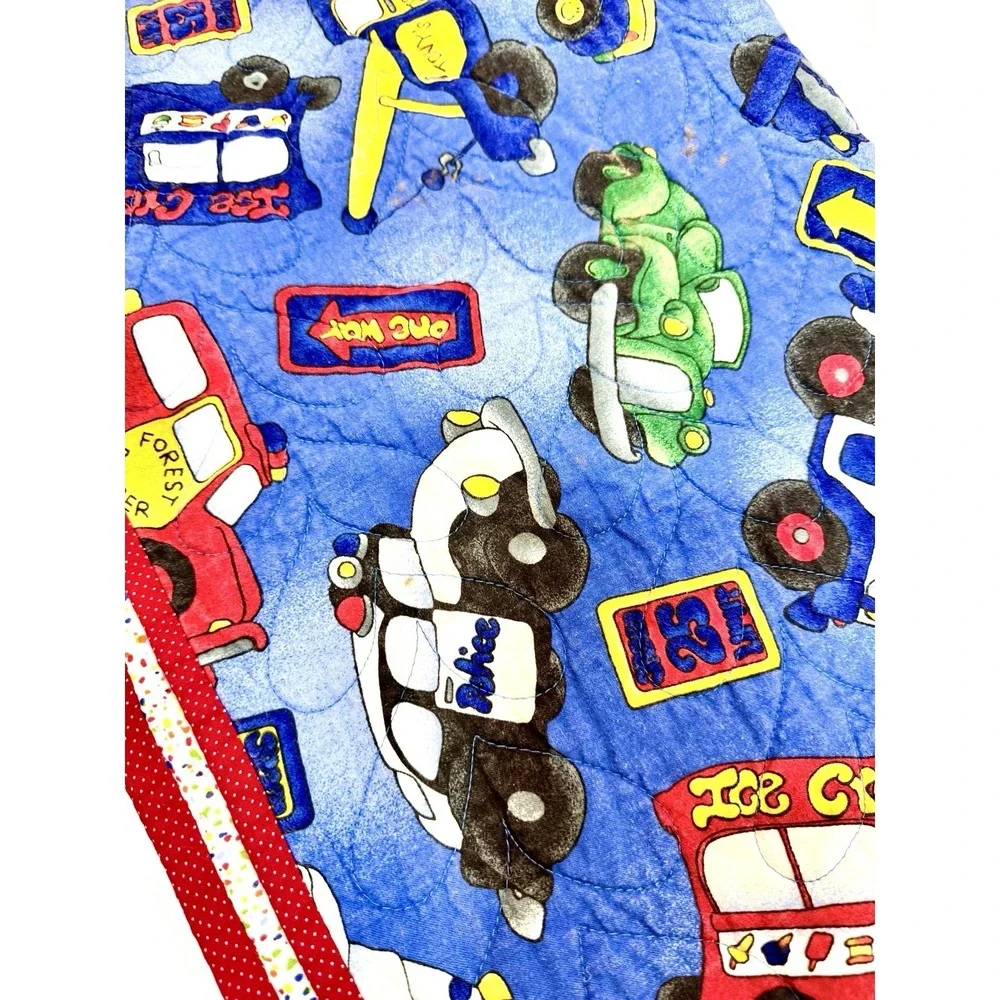 Vintage Quilted Baby Blanket Transportation School Bus Road‎ Signs 28x40 Blue